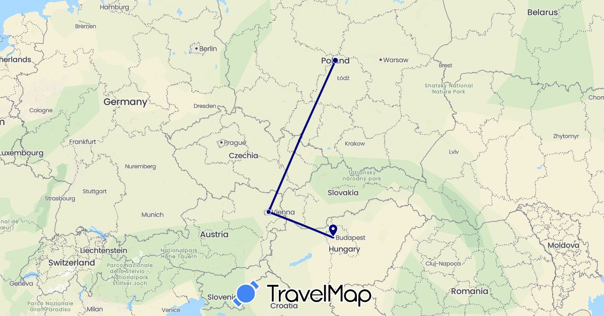 TravelMap itinerary: driving in Austria, Hungary, Poland (Europe)